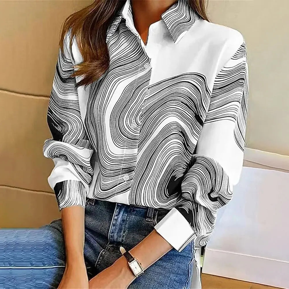 New Plus Size Floral Long Sleeve Blouse with Button Detail for Women