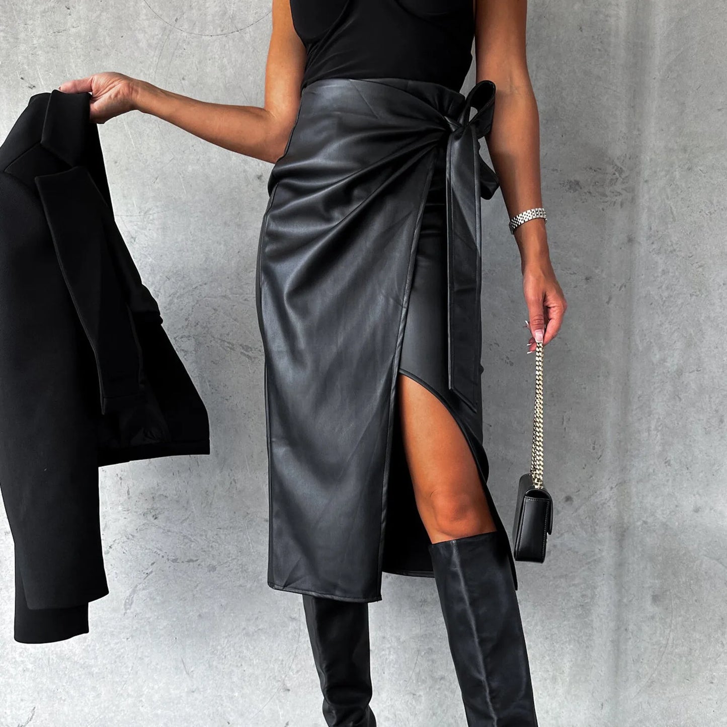PU Leather High Waist Slim A-Line Skirt