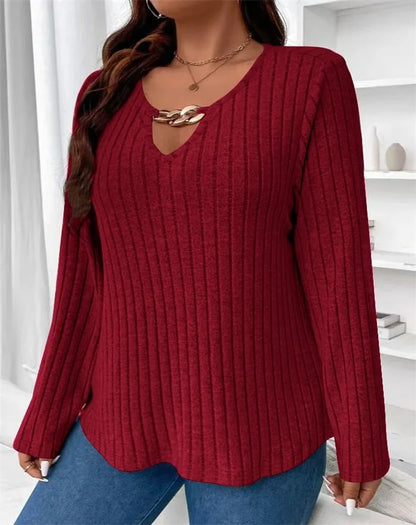 Plus Size V-neck Chain Top: Stylish Long Sleeve