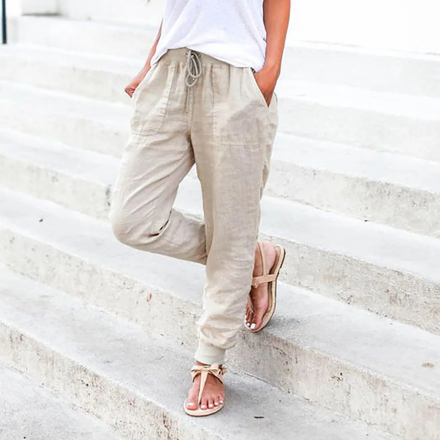 Cotton Linen Drawstring Cargo Pants