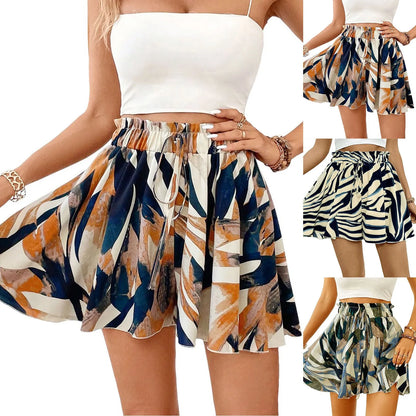 Women's Floral Print Bohemian Shorts with Elastic Waist, Loose Wide Leg, Ruffle Hem