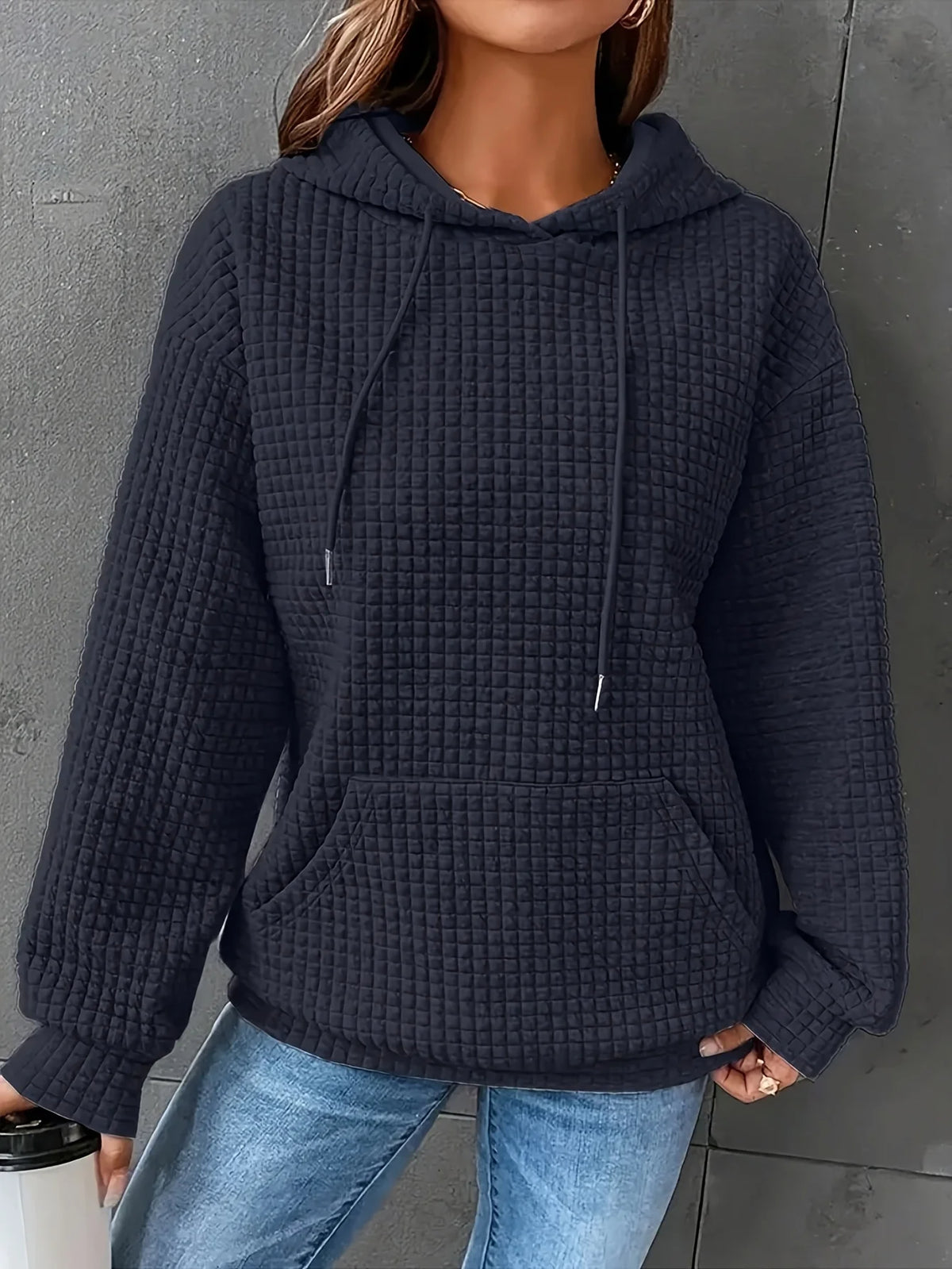 Short Length Waffle Knit Drawstring Hoodie