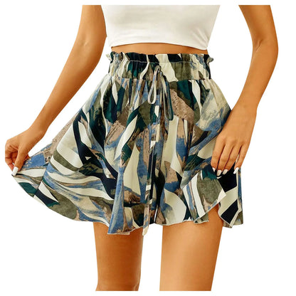 Women's Floral Print Bohemian Shorts with Elastic Waist, Loose Wide Leg, Ruffle Hem