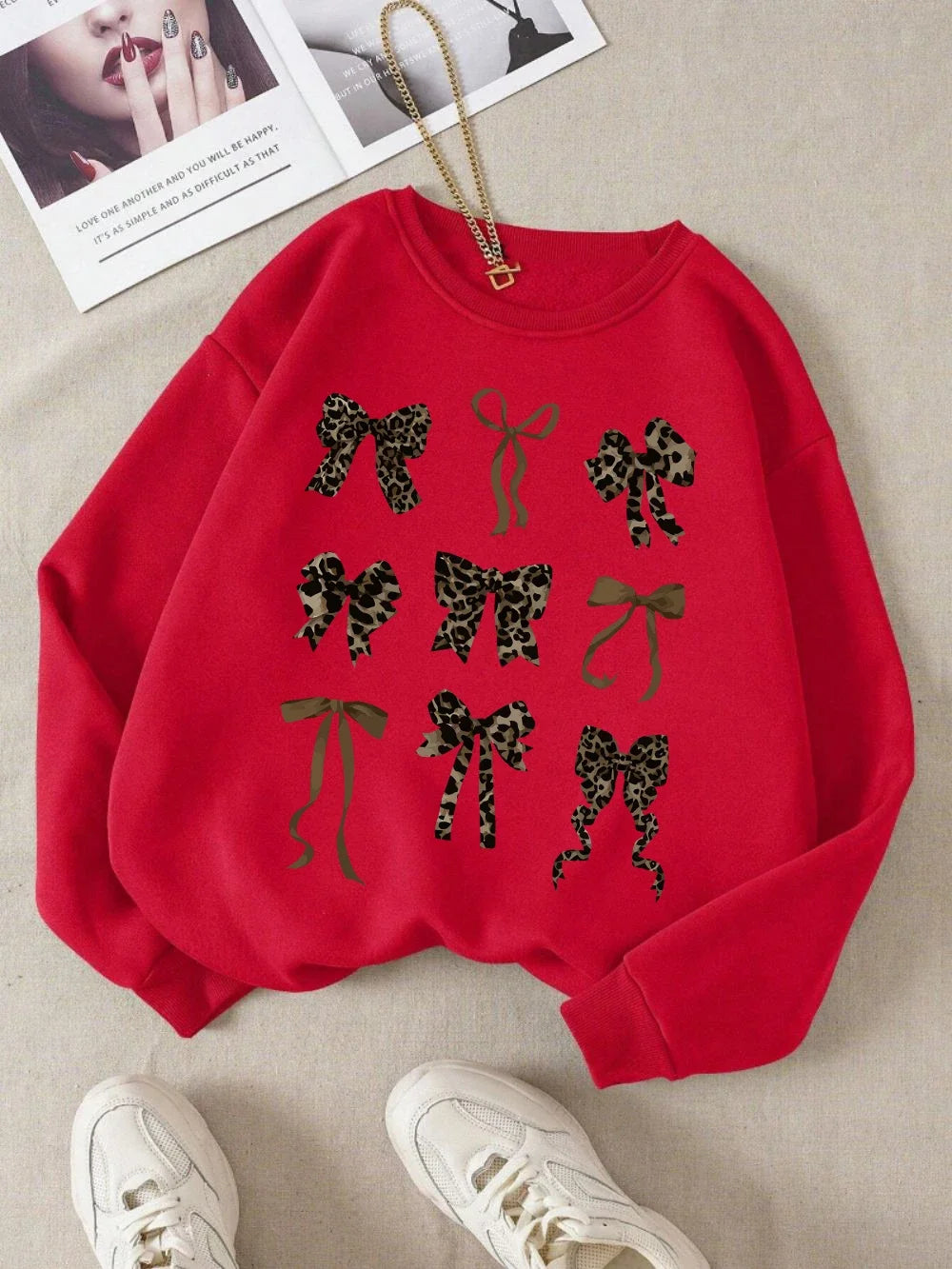 Retro Leopard & Bow Print Drop Shoulder Pullover Sweatshirt