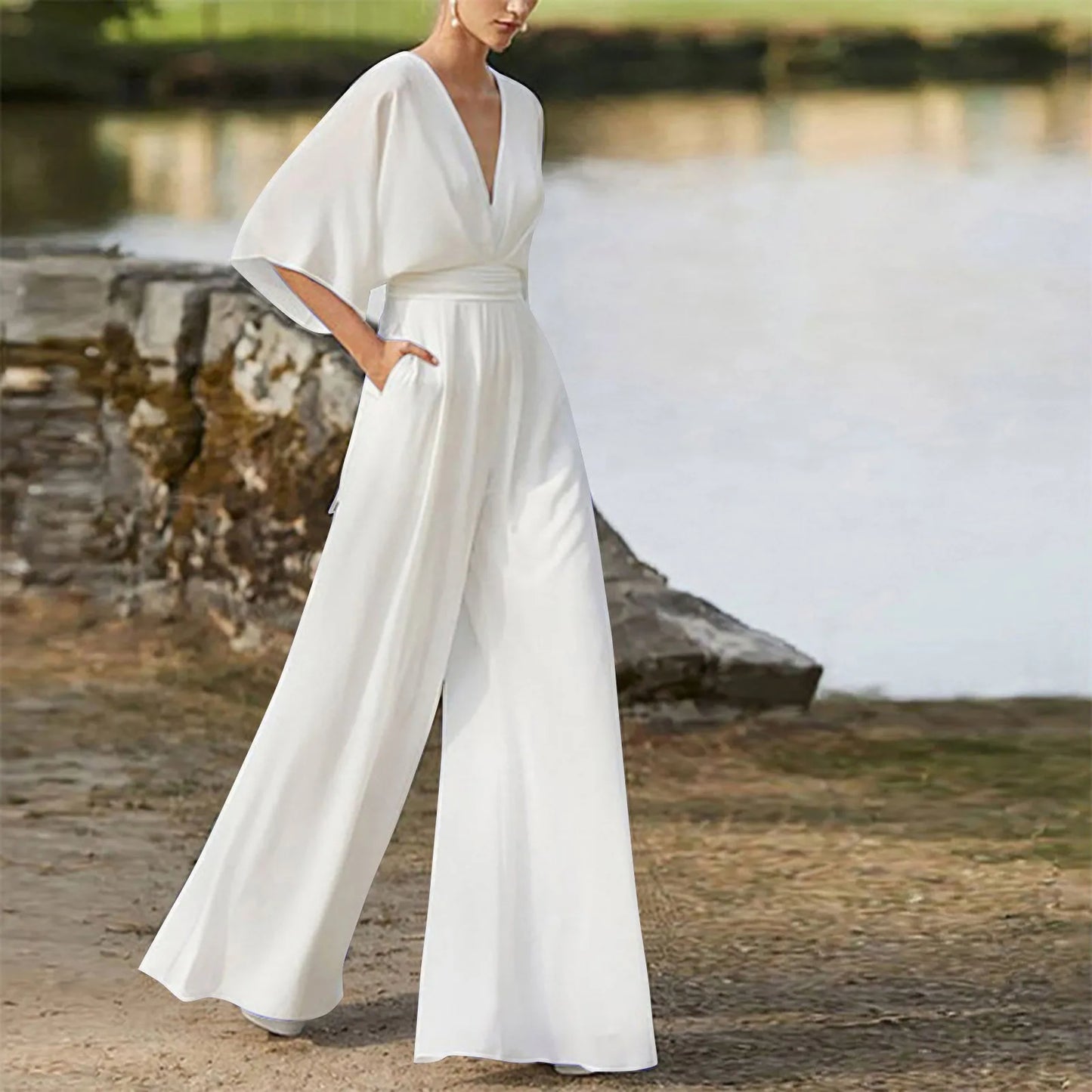 Women's Deep V-Neck Half Sleeve Jumpsuit – Loose Wide Leg One-Piece