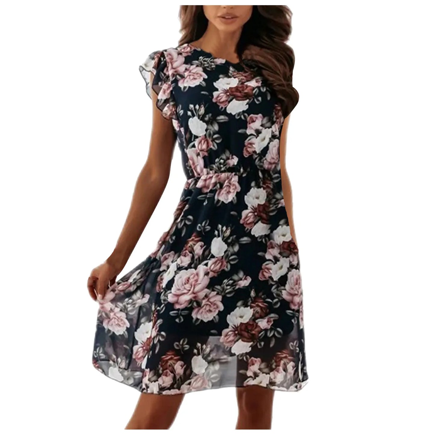 Lace-Up Mini Dress - Chiffon Print Short-Sleeved Ruffled Women's Dress - The Eggy's store