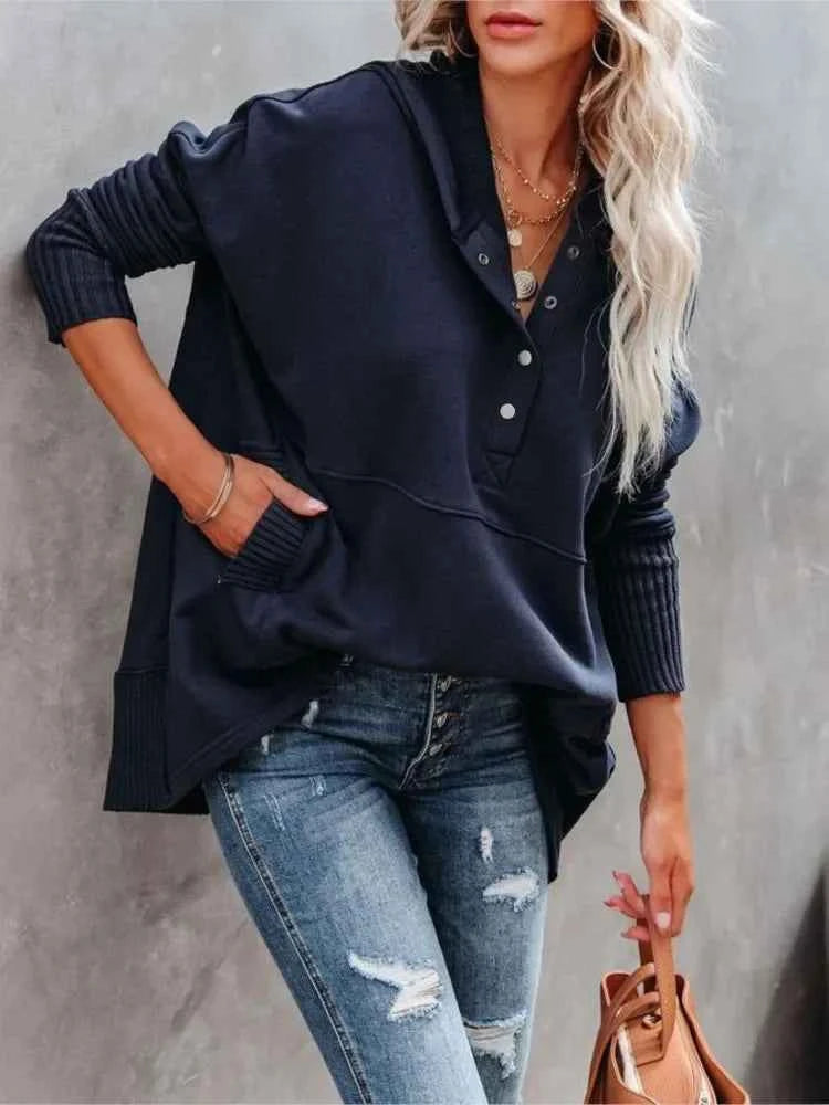 Casual Loose White Women Sweatshirt V-neck Hooded Batwing Sleeve Hoodie Top For Women Pullovers