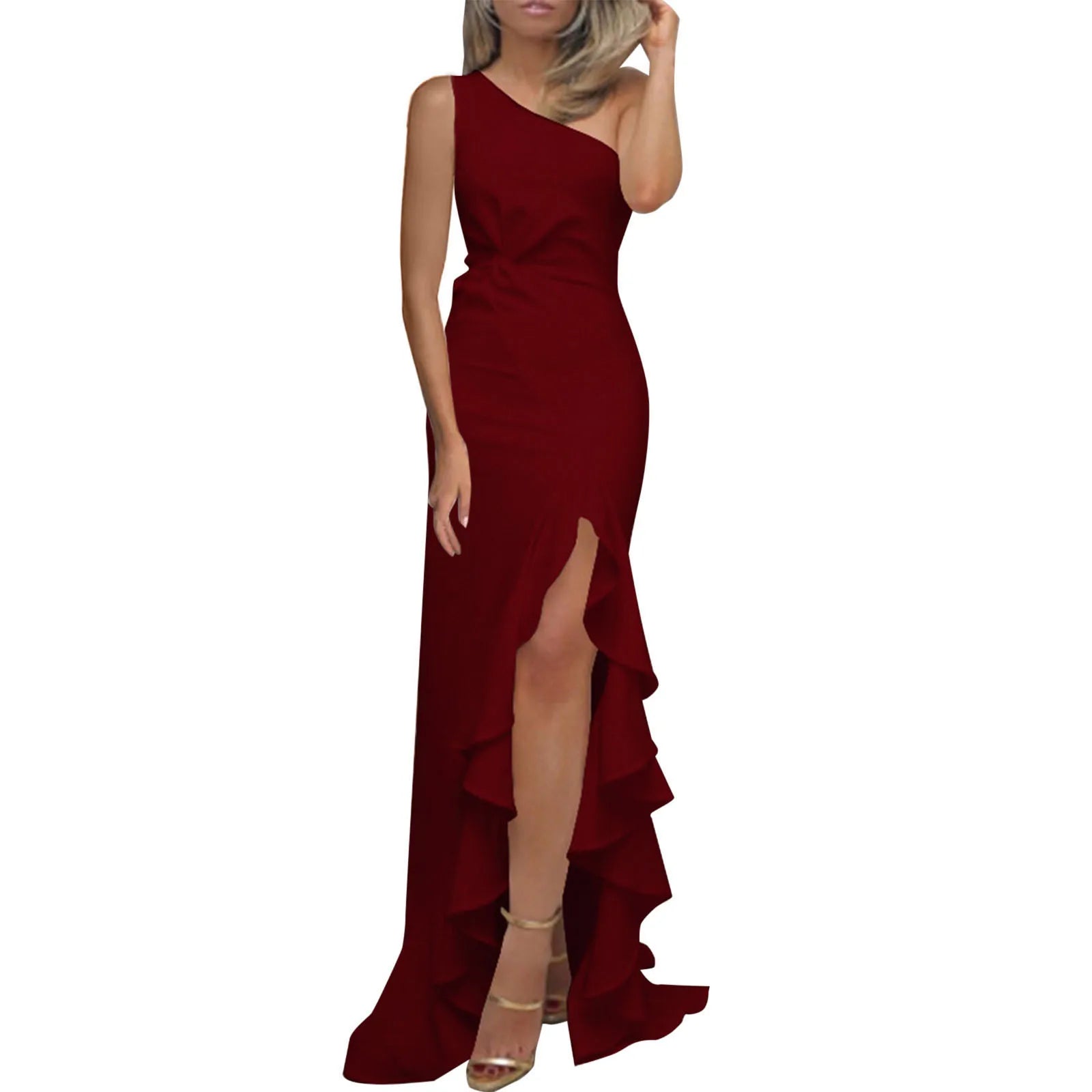 Ladies Sexy Slash Neck Ruched Evening Dresses Women Irregular Ruffles Formal Dress Slim Bodycon Solid Prom Dresses Evening Party - The Eggy's store