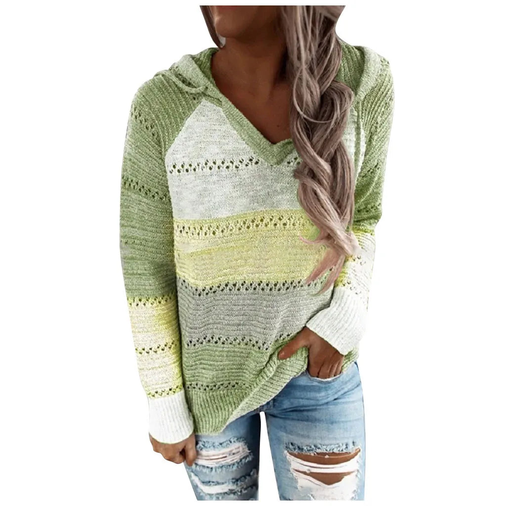 Plus Size 5XL Autumn Winter Women's Pullover Fashion Patchwork Long Sleeve Knit Sweater Tops Women Crochet Hollow Hooded Sweater - The Eggy's store