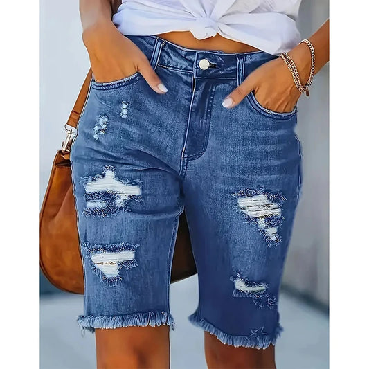 Women Chic Slim Fit Thin Shorts Lady Ripped Designer High Waist Denim Shorts