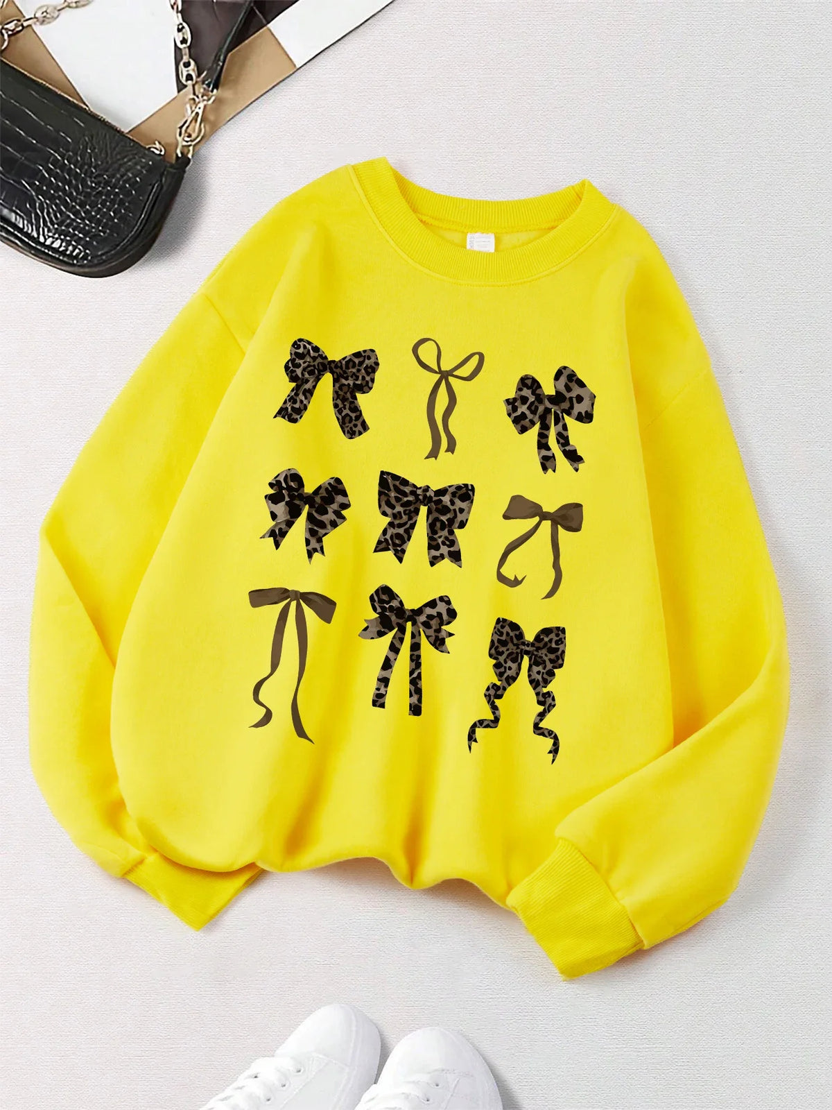 Retro Leopard & Bow Print Drop Shoulder Pullover Sweatshirt