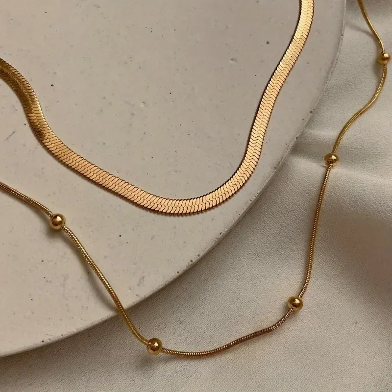 Gold Double Layer Round Bead Chain Necklace – Stainless Steel Pendant