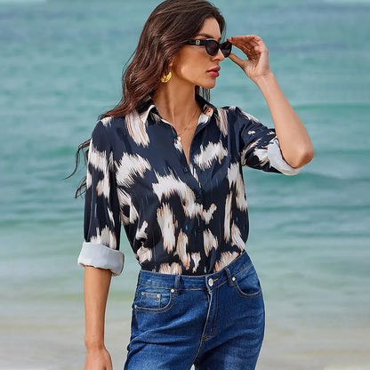 New Plus Size Floral Long Sleeve Blouse with Button Detail for Women