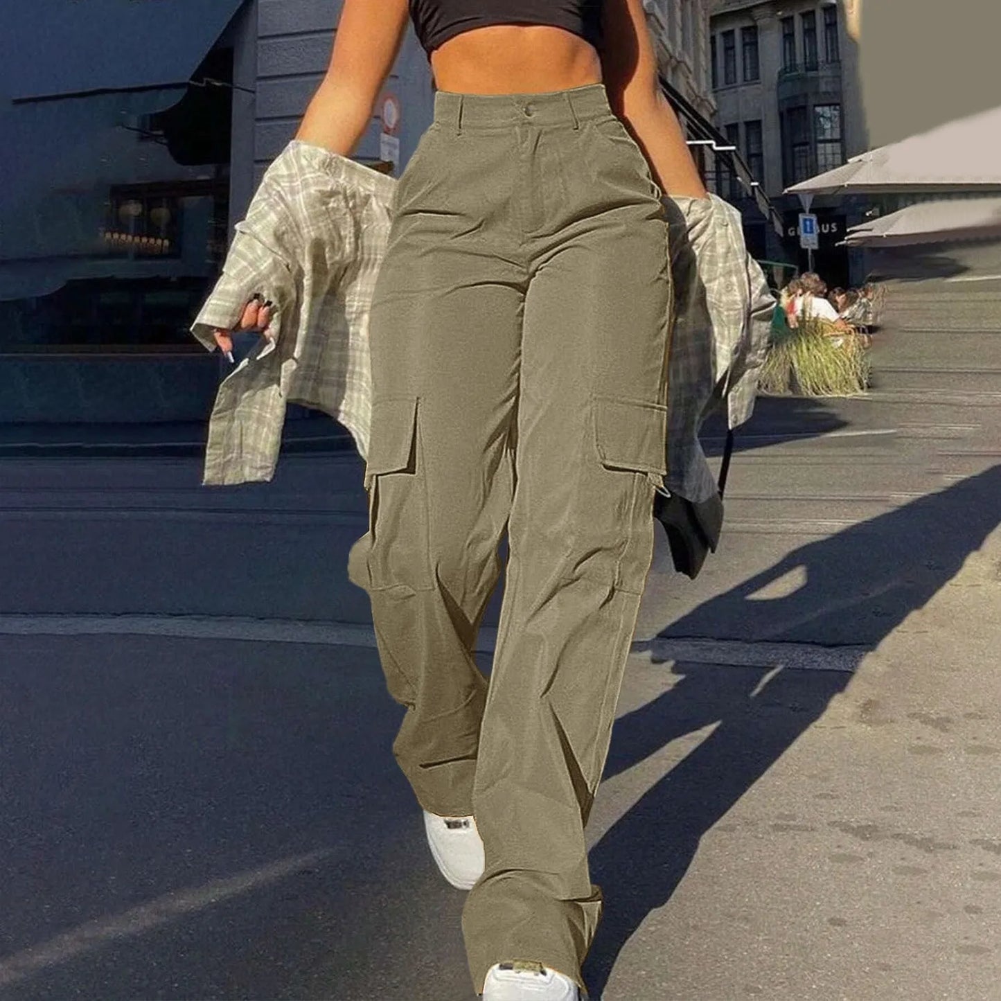 Women's Wide Leg Cargo Pants with Pockets – Casual Straight Leg Trousers