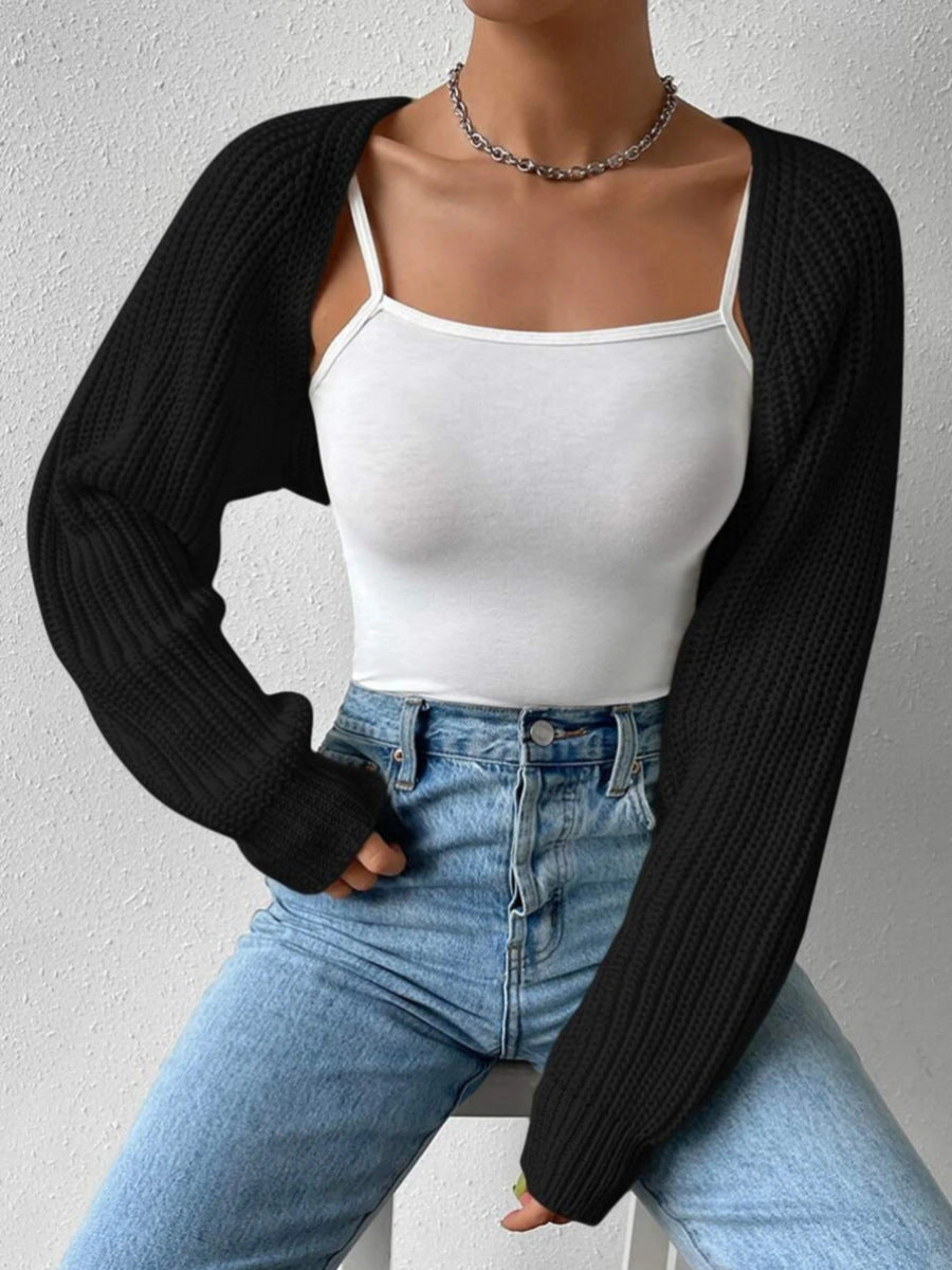 Women's Open Front Cropped Cardigan – Long Sleeve Ribbed Knit Shrug