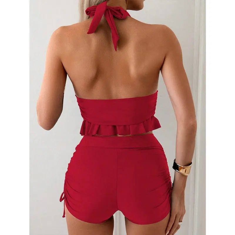 Ruffle Backless Swimsuit Set - Two-Piece with Shorts