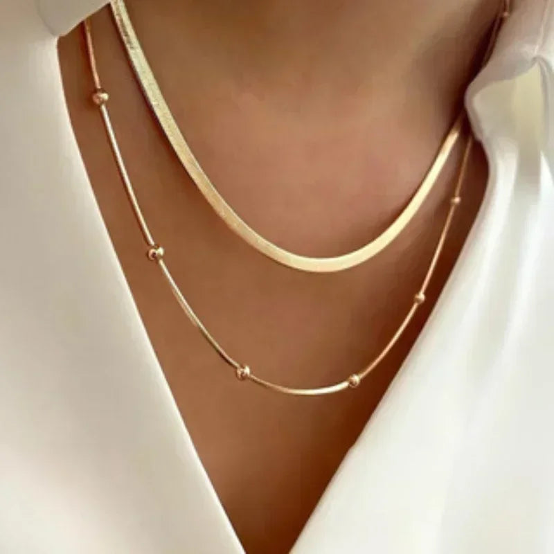 Gold Double Layer Round Bead Chain Necklace – Stainless Steel Pendant