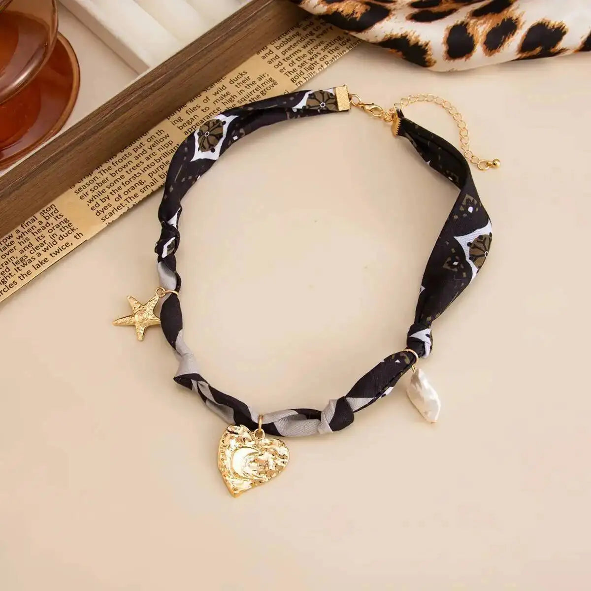 Leopard Print Choker Necklace - Heart Pendant
