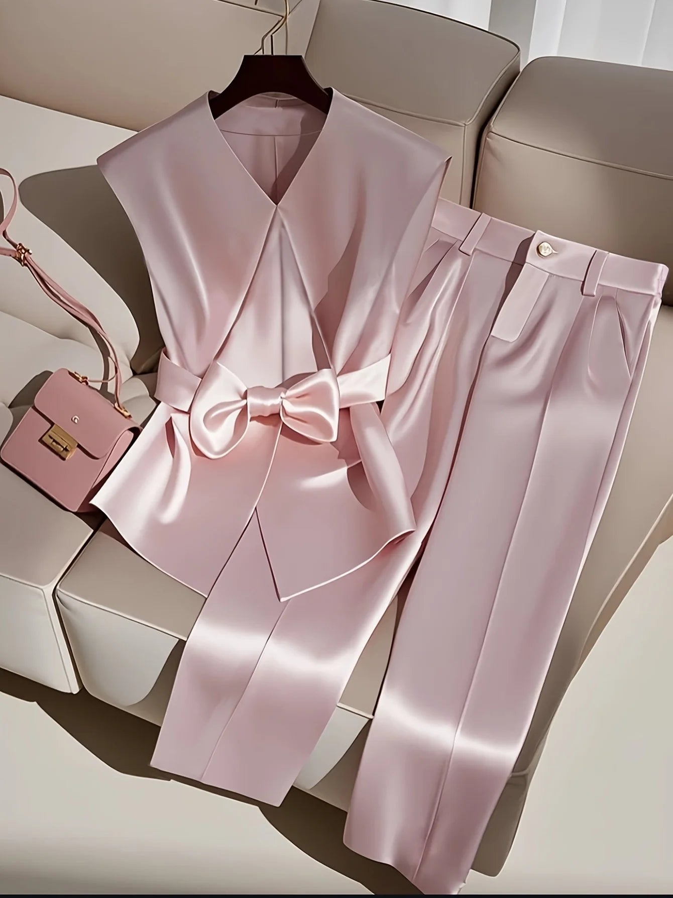 Sleeveless Two-Piece Set - Solid Color Top & Trousers