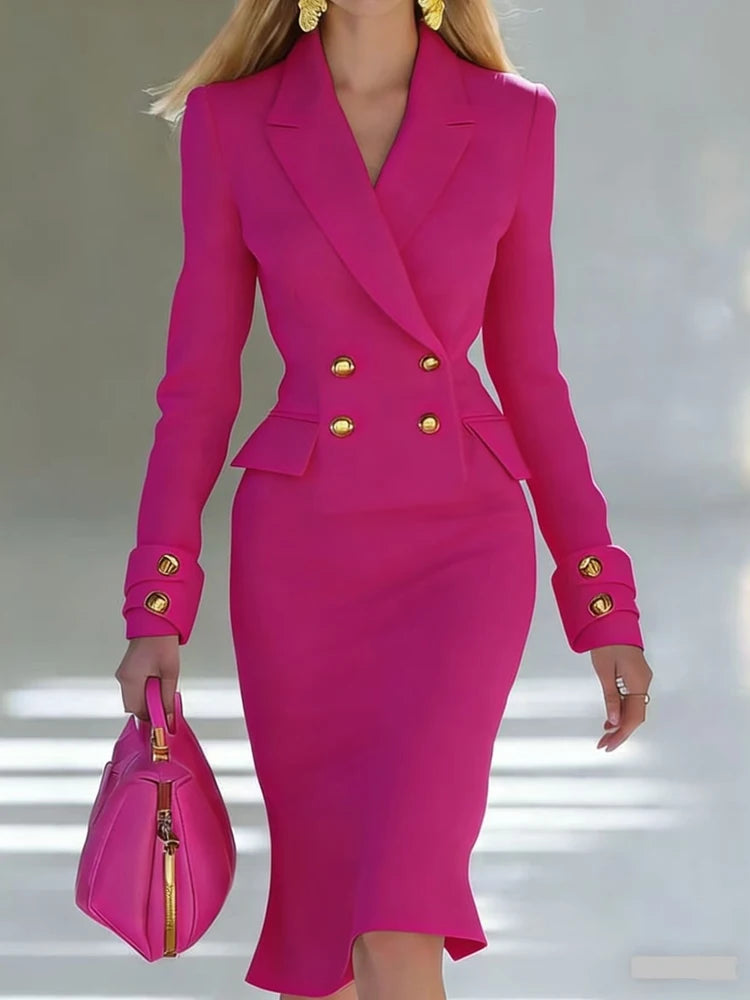 Women's V-Neck Double Breasted Dress – Knee-Length Office Dress