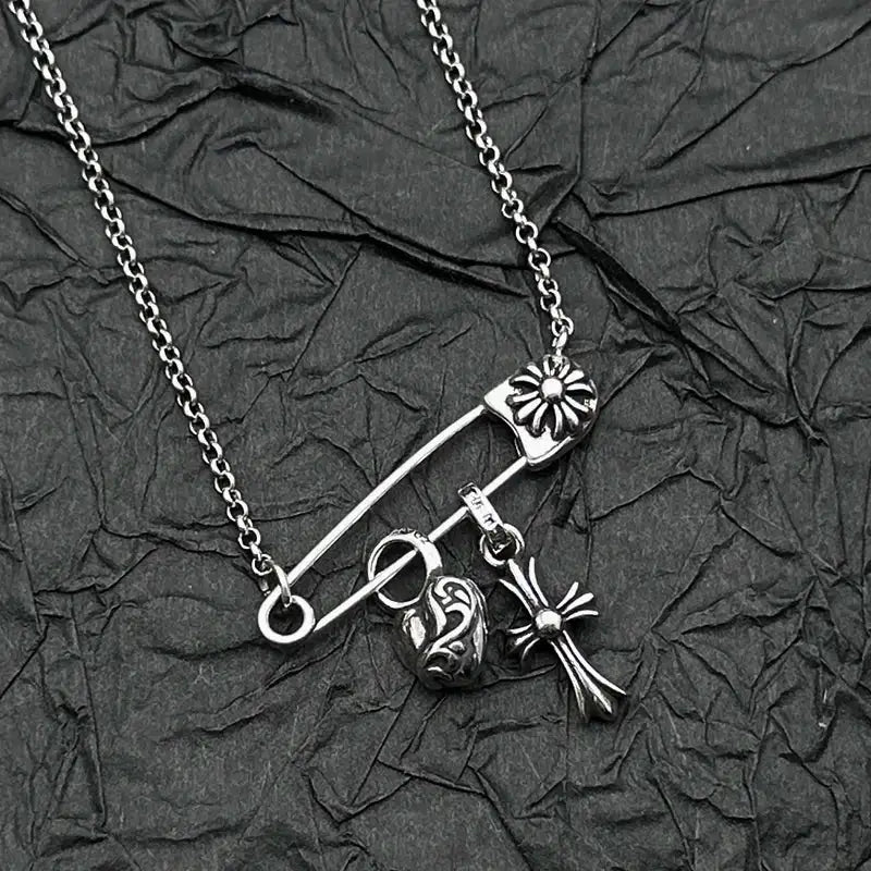 S925 Sterling Silver Peach Heart Cross Pin Necklace