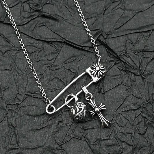 S925 Sterling Silver Peach Heart Cross Pin Necklace