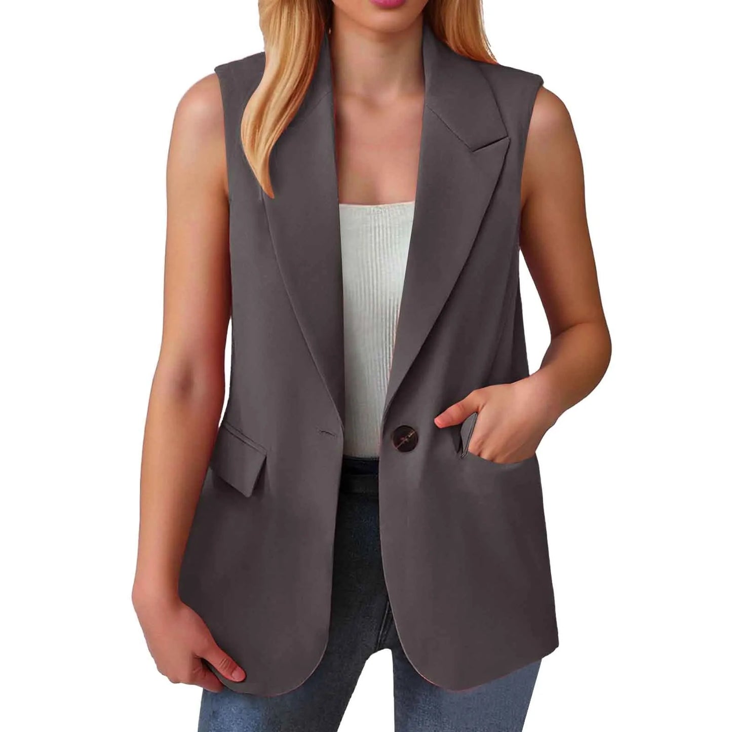 Sleeveless Single Button Slim Fit Blazer Vest