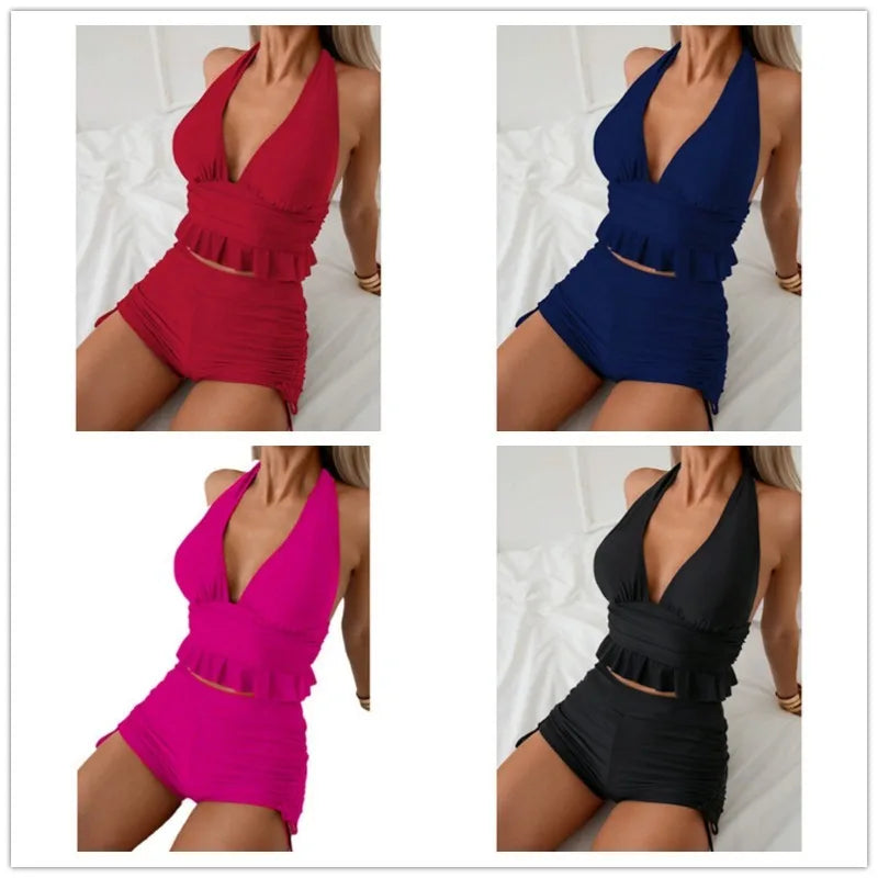 Ruffle Backless Swimsuit Set - Two-Piece with Shorts