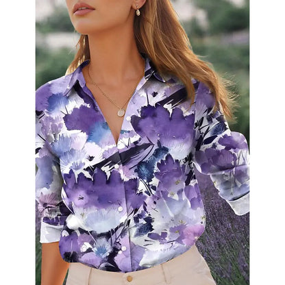 New Plus Size Floral Long Sleeve Blouse with Button Detail for Women