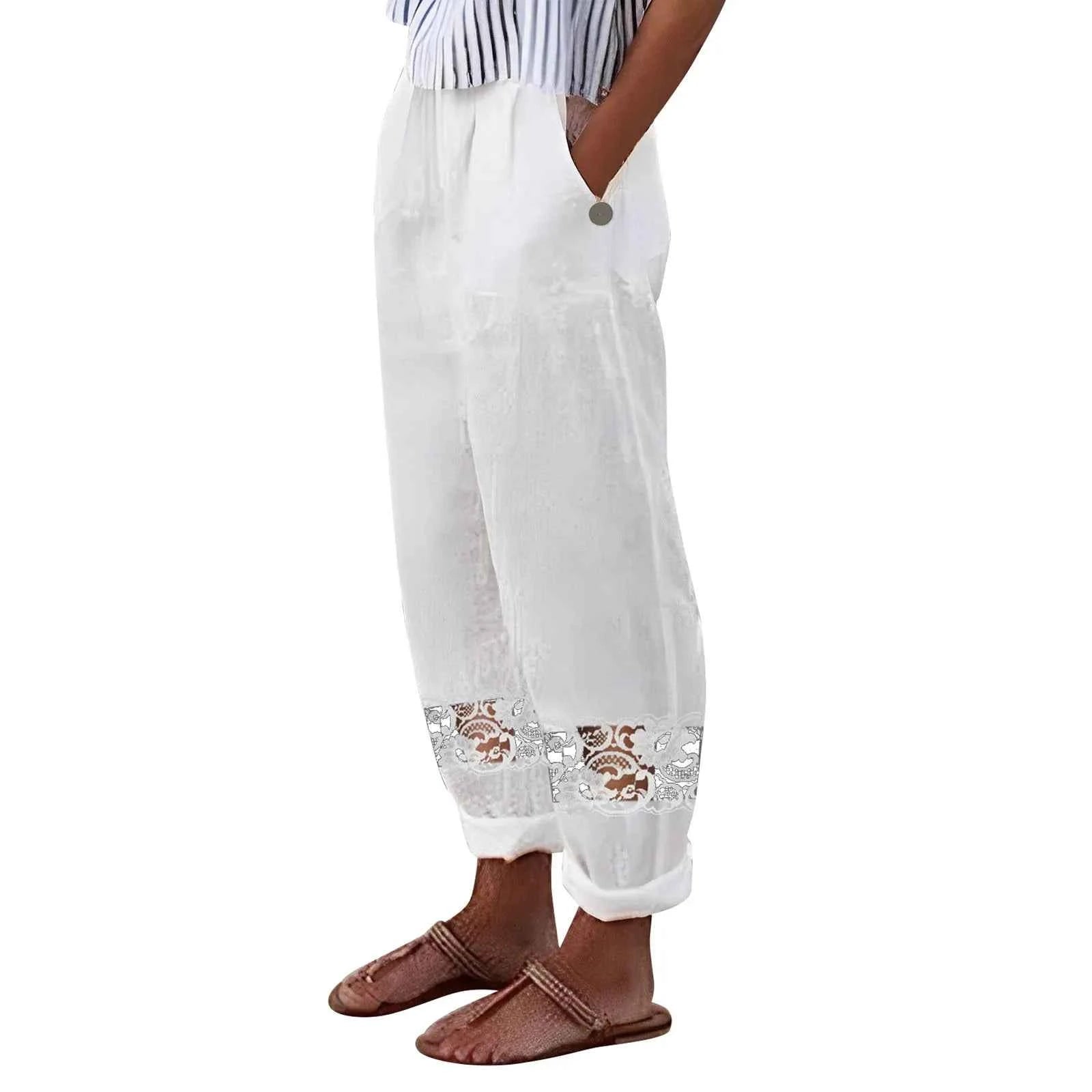 Cargo Pants Streetwear Women Loose Lace Cotton Solid Cropped Elastic Waist Trousers Women's Casual Pants