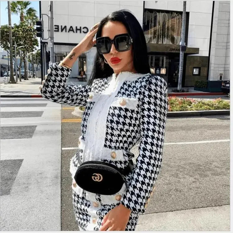 Houndstooth Skirt Suit - Two-Piece Blazer Set