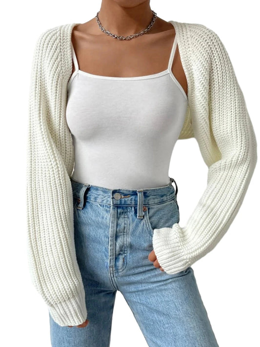 Women's Open Front Cropped Cardigan – Long Sleeve Ribbed Knit Shrug