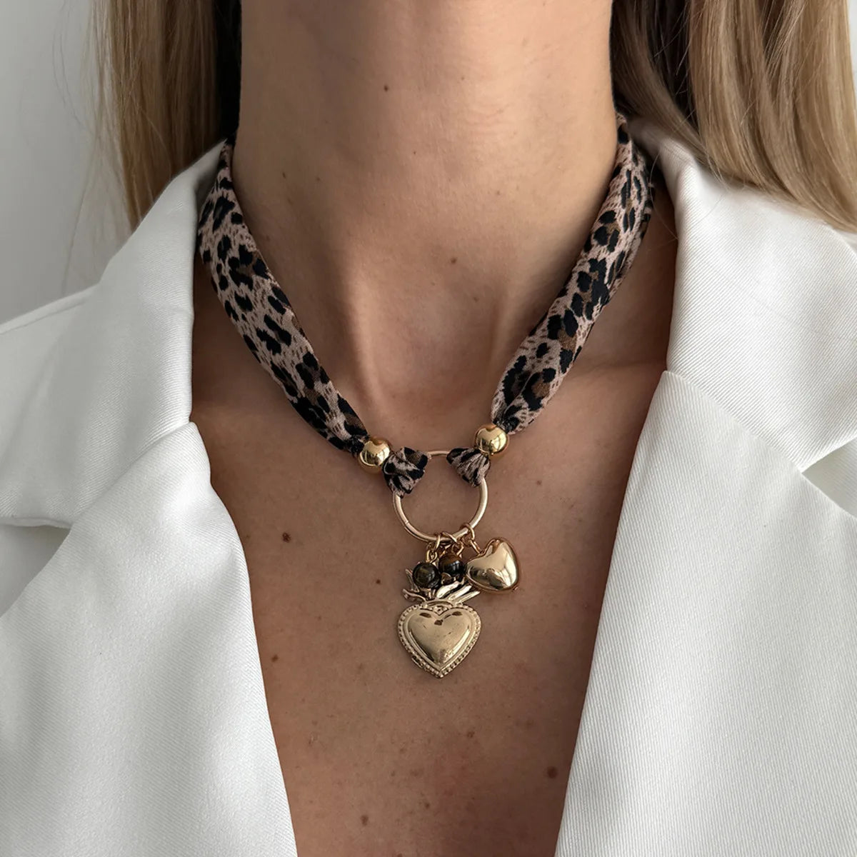 Leopard Print Choker Necklace - Heart Pendant
