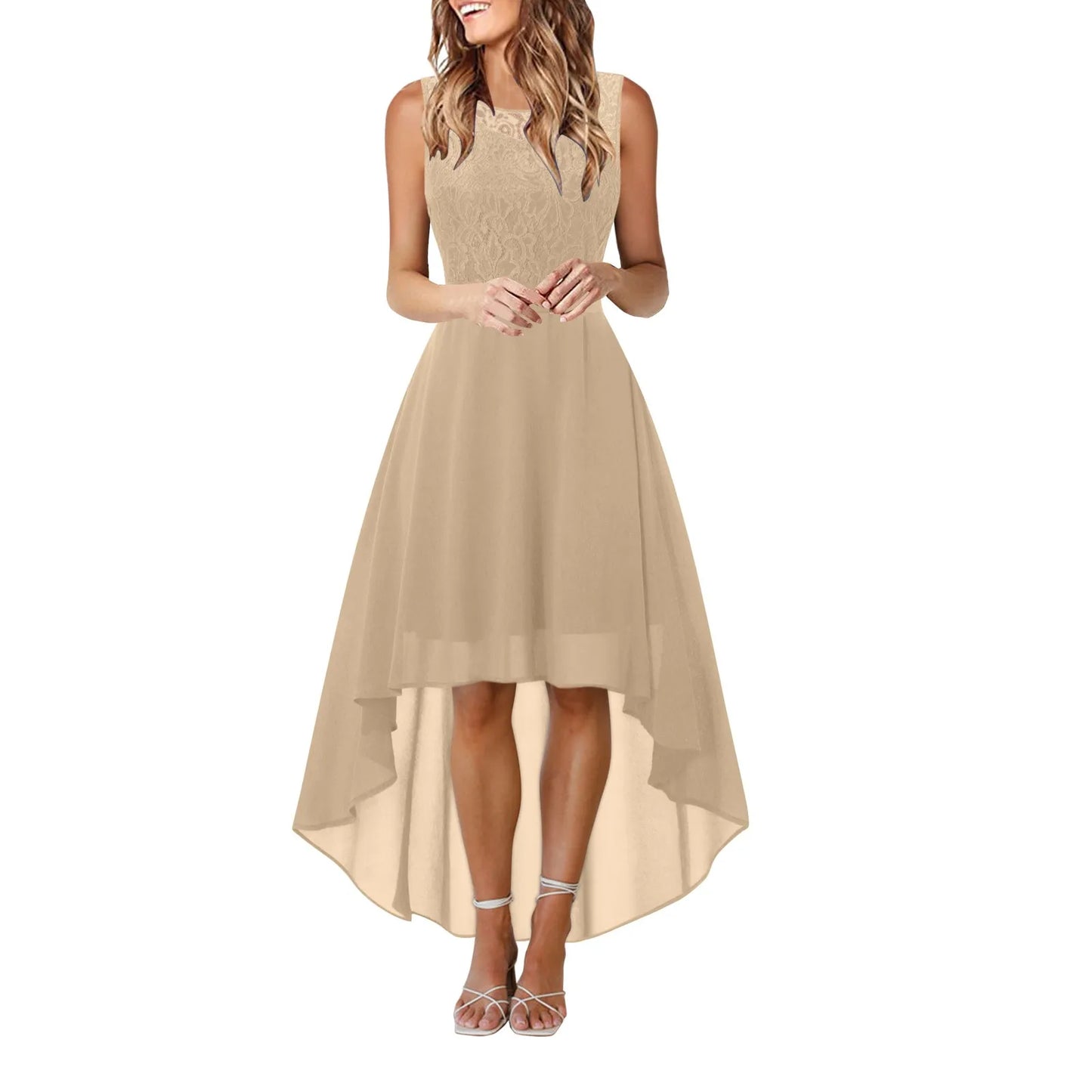 Lace Bow Belt Sleeveless Chiffon A-Line Dress