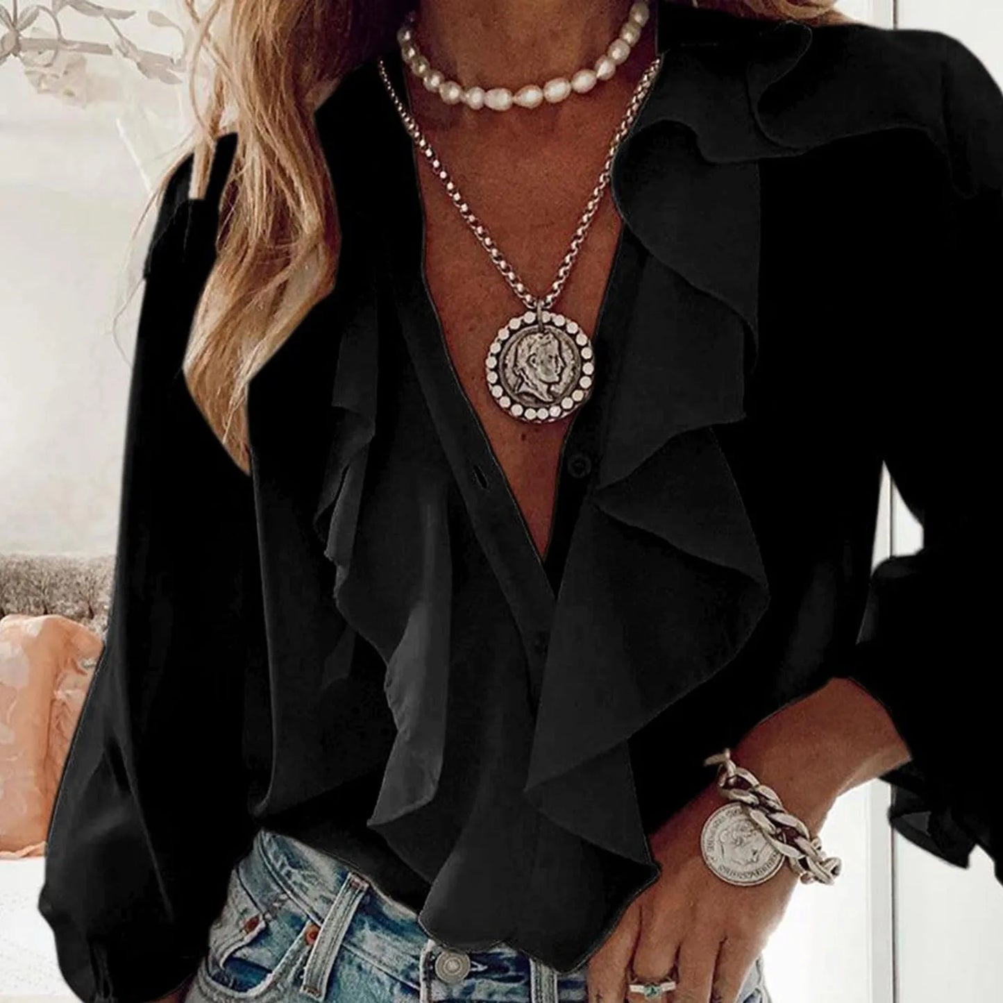 Elegant Ruffle V-Neck Blouse