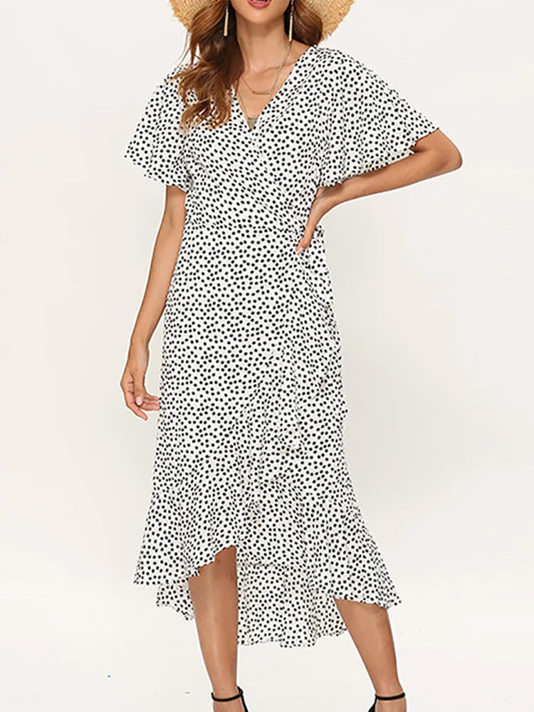 Summer Beach Maxi Dress Women Floral Print Boho Long Chiffon Ruffles Wrap Casual V-Neck Split Sexy Party Robe Femme - The Eggy's store