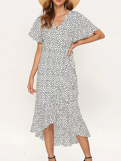 Summer Beach Maxi Dress Women Floral Print Boho Long Chiffon Ruffles Wrap Casual V-Neck Split Sexy Party Robe Femme - The Eggy's store
