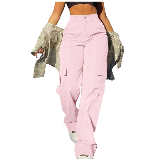Women's Wide Leg Cargo Pants with Pockets – Casual Straight Leg Trousers