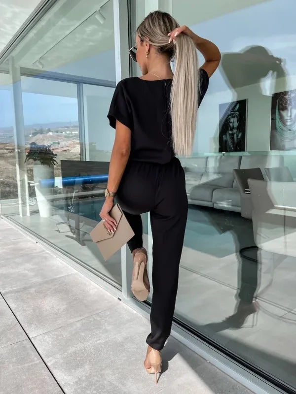 Women's Summer Jumpsuit Solid Color Short Sleeve V-neck Pocket Lace-up Pencil Long Pants - The Eggy's store