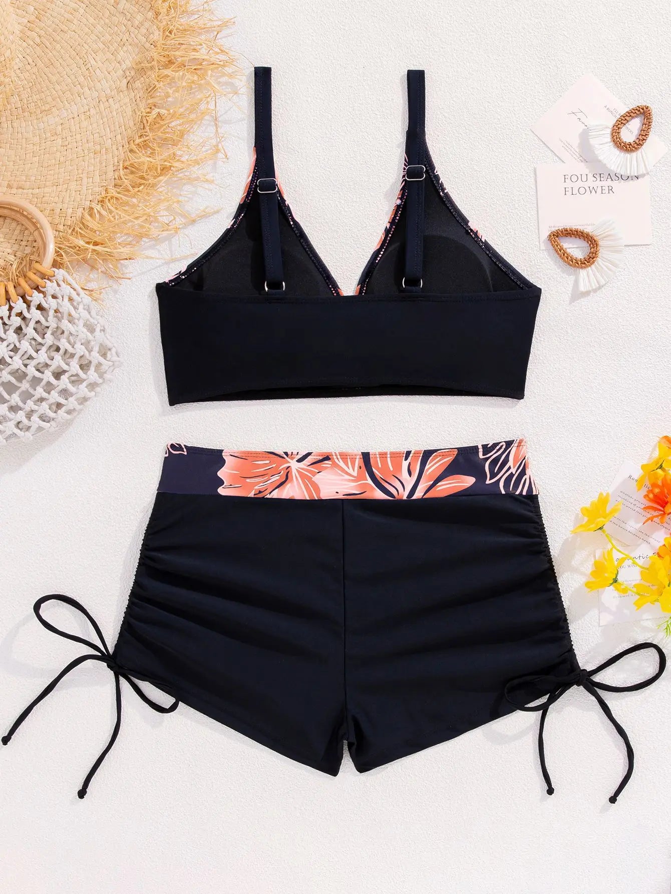Floral Print Cross Strap Backless Bikini Set