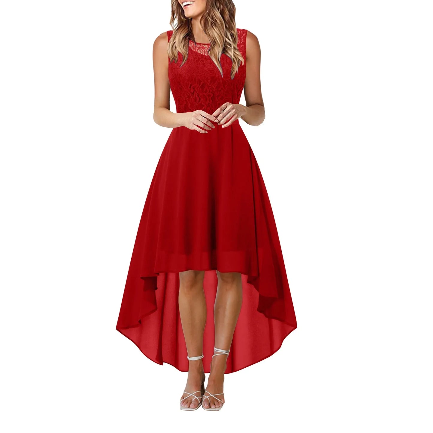 Lace Bow Belt Sleeveless Chiffon A-Line Dress