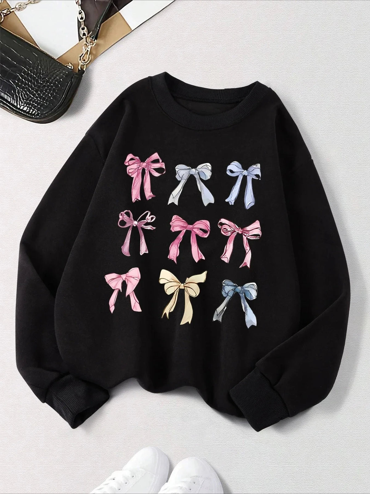 Retro Leopard & Bow Print Drop Shoulder Pullover Sweatshirt