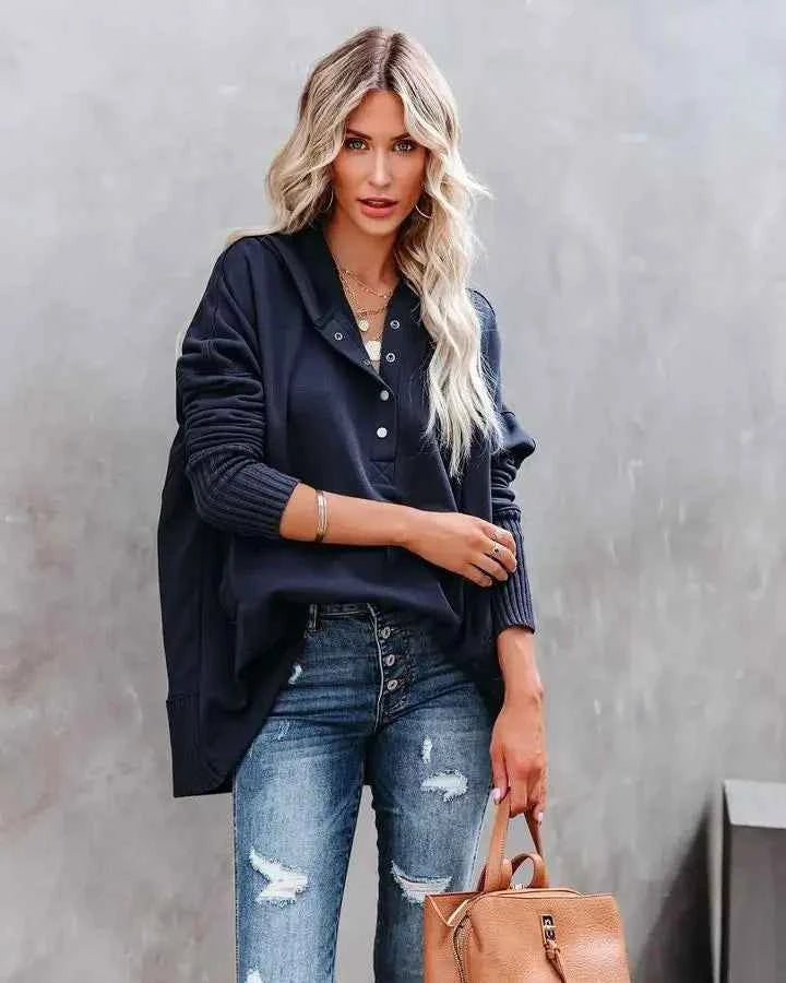 Casual Loose White Women Sweatshirt V-neck Hooded Batwing Sleeve Hoodie Top For Women Pullovers