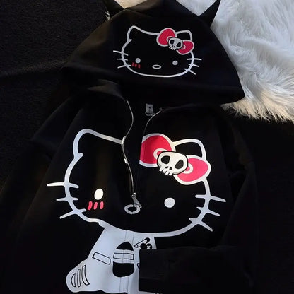 Sanrio Hello Kitty Hoodie Women's Top Zip-up Chic Printed Loose Adult Sweatshirt