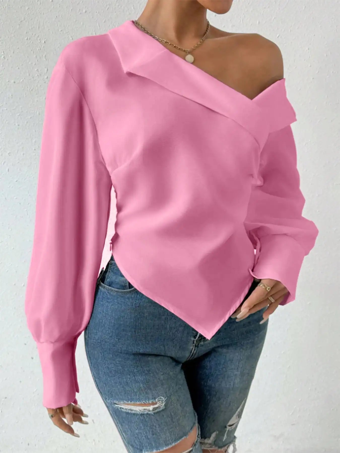 Pink Off Shoulder Cross Front Women's Blouse