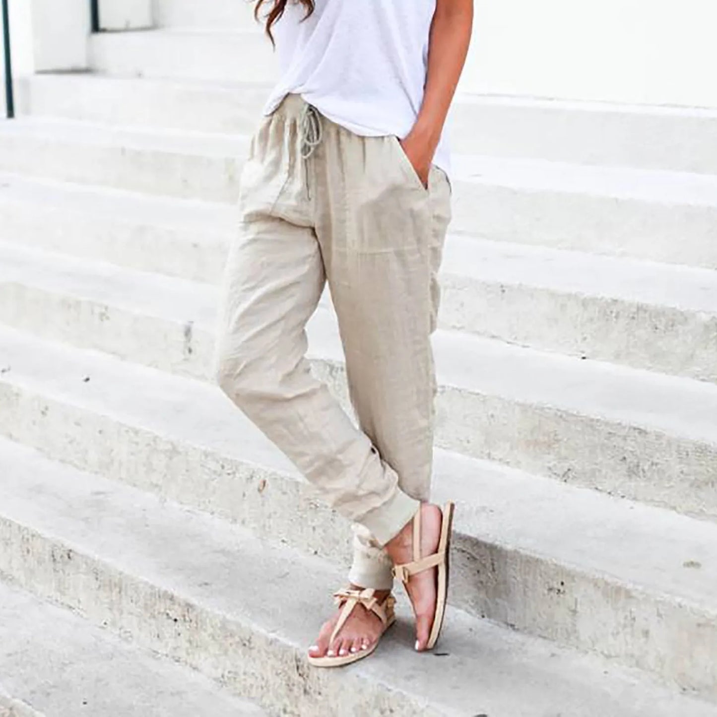 Cotton Linen Drawstring Cargo Pants