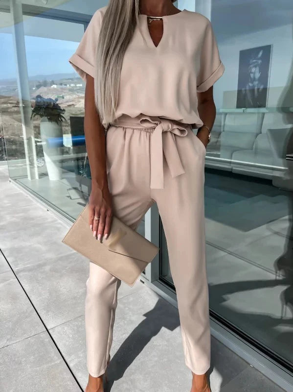 Women's Summer Jumpsuit Solid Color Short Sleeve V-neck Pocket Lace-up Pencil Long Pants - The Eggy's store