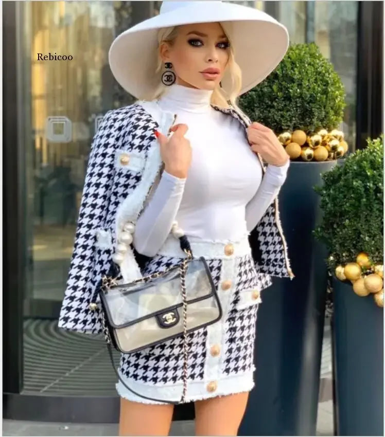 Houndstooth Skirt Suit - Two-Piece Blazer Set