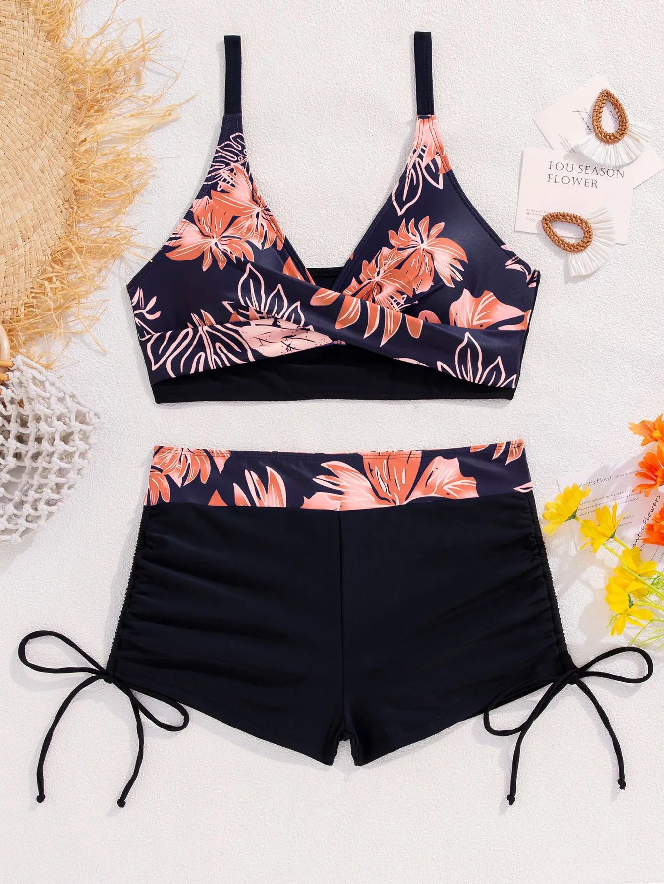 Floral Print Cross Strap Backless Bikini Set