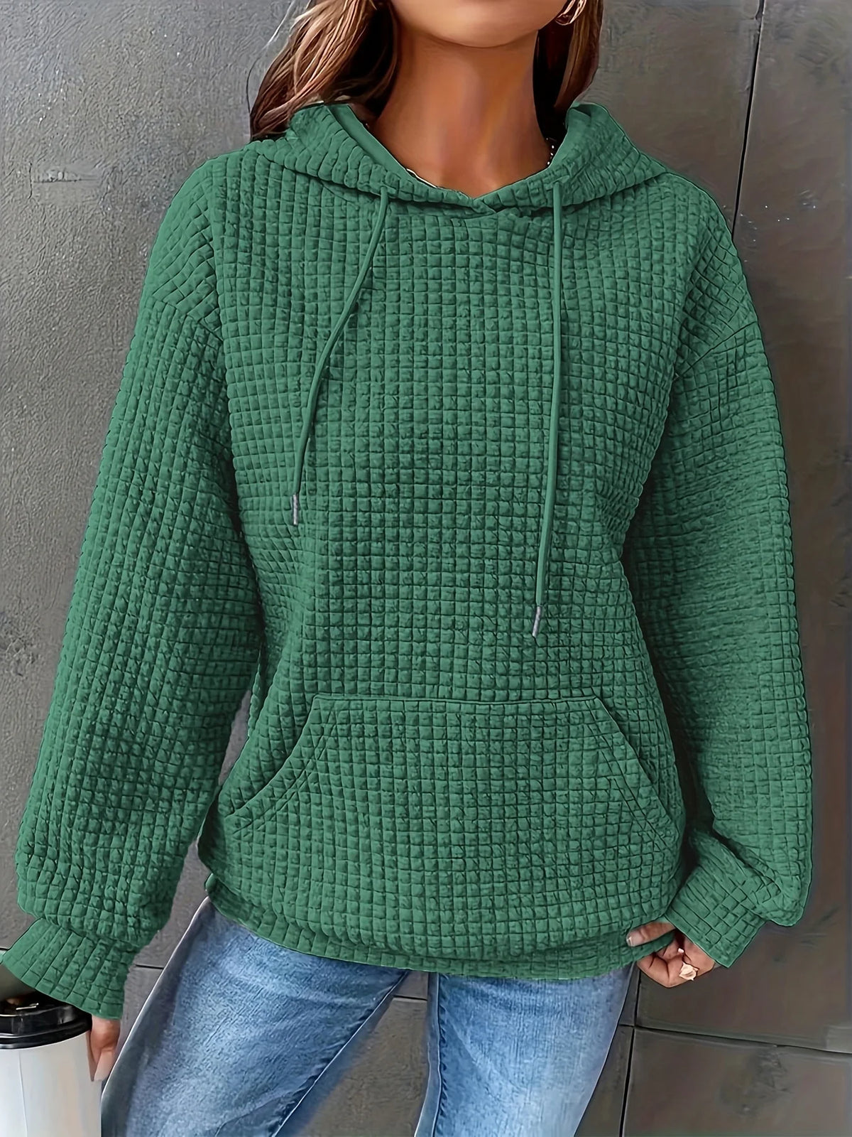 Short Length Waffle Knit Drawstring Hoodie